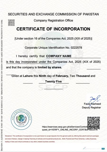 Download Pakistan certificate of incorporation Word and PDF template Photoshop template